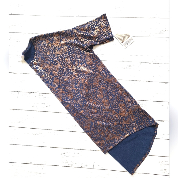 NEW Elegant Lularoe Navy Blue & Gold Shimmer Shiny Irma Paisley Print Stretchy - Picture 4 of 8